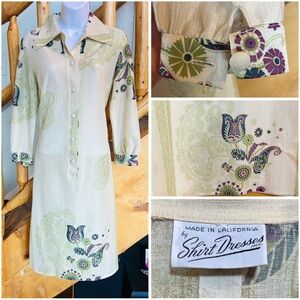 TRUE VINTAGE Shirt Waist Dress 60s / 70s sage green purple paisley Halloween
